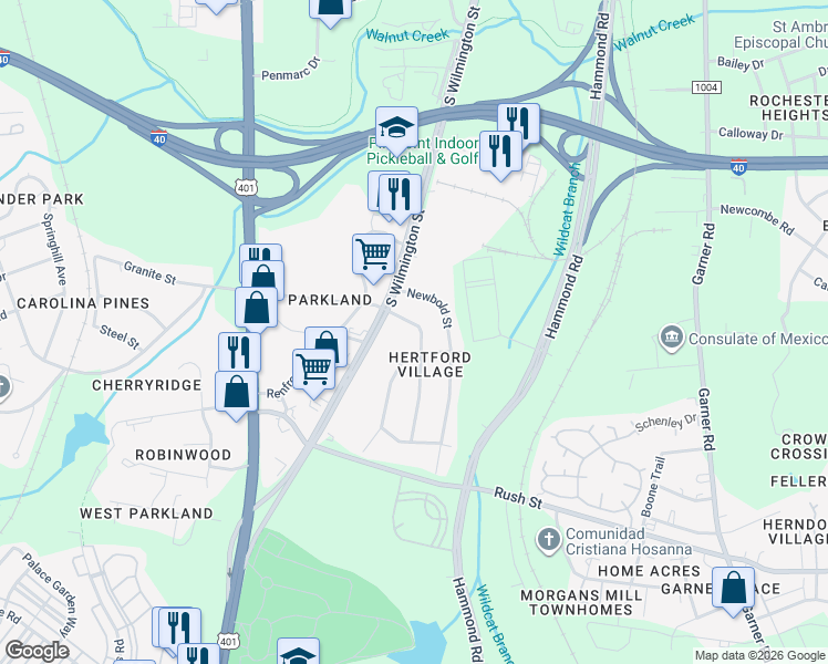map of restaurants, bars, coffee shops, grocery stores, and more near 2616 Layden Street in Raleigh