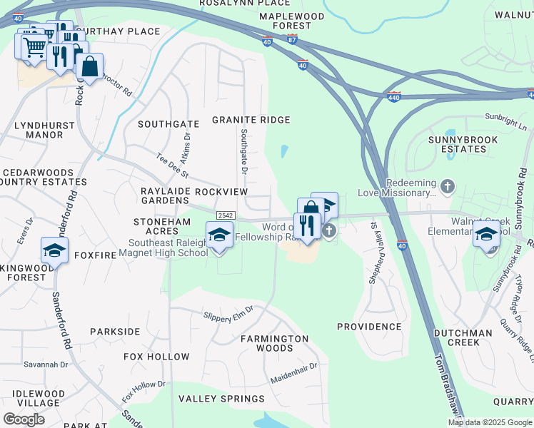 map of restaurants, bars, coffee shops, grocery stores, and more near 708 Southgate Drive in Raleigh