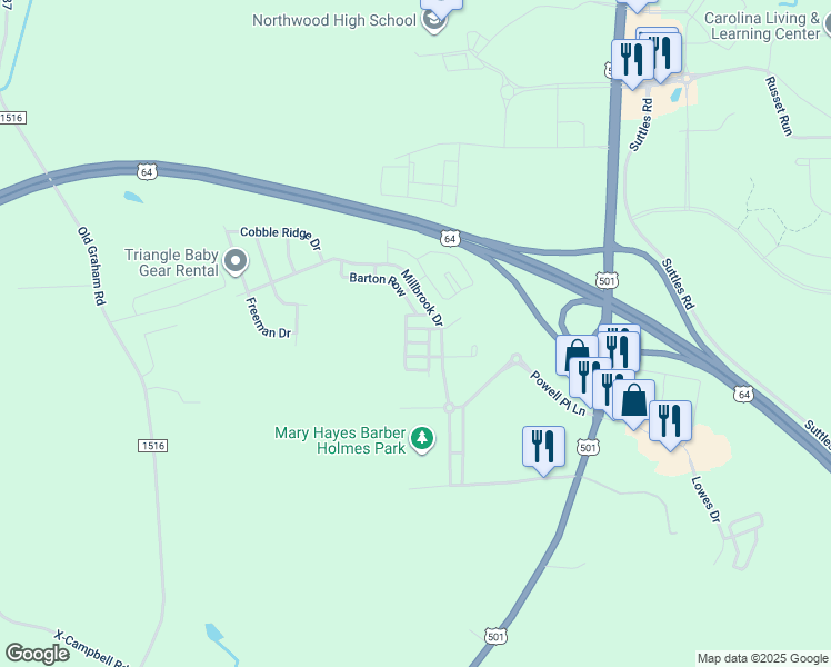 map of restaurants, bars, coffee shops, grocery stores, and more near 311 Danbury Court in Pittsboro