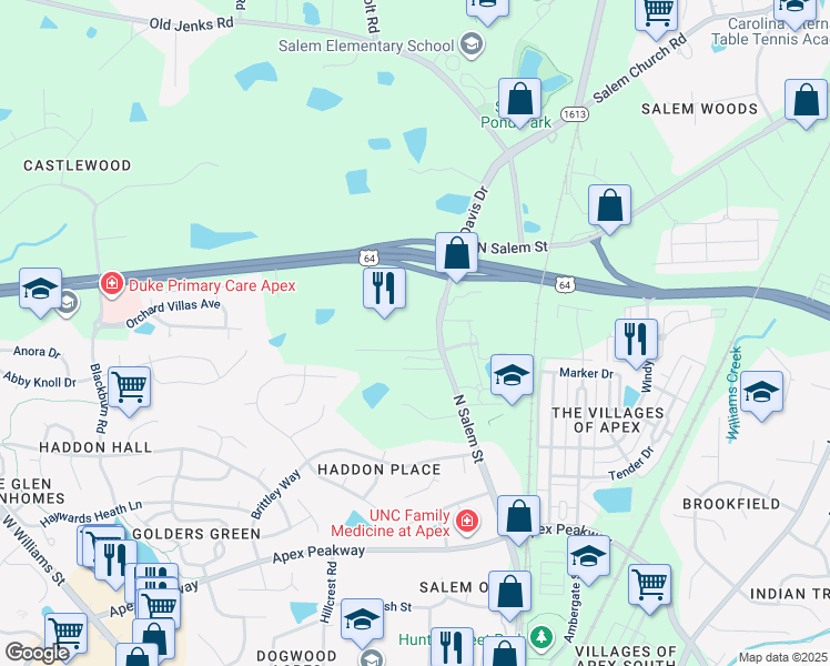 map of restaurants, bars, coffee shops, grocery stores, and more near 1425 North Salem Street in Apex