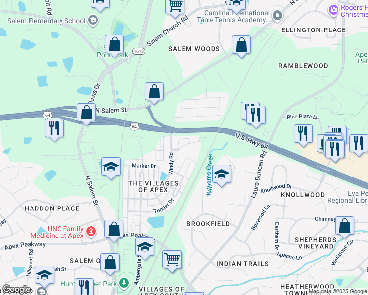 map of restaurants, bars, coffee shops, grocery stores, and more near 4000 Spotter Drive in Apex