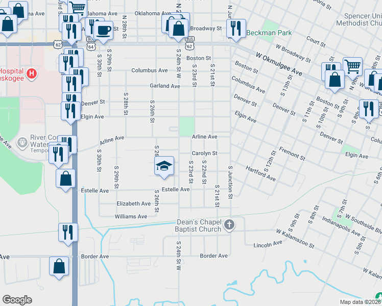 map of restaurants, bars, coffee shops, grocery stores, and more near 626 South 23rd Street in Muskogee