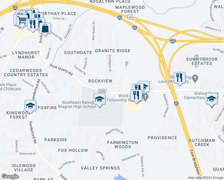 map of restaurants, bars, coffee shops, grocery stores, and more near 725 Southgate Drive in Raleigh