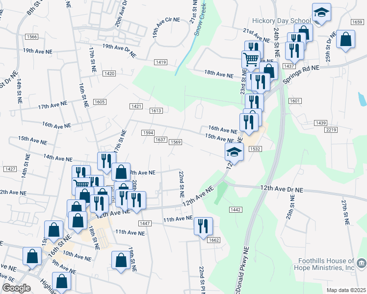 map of restaurants, bars, coffee shops, grocery stores, and more near 1480 21st Street Northeast in Hickory