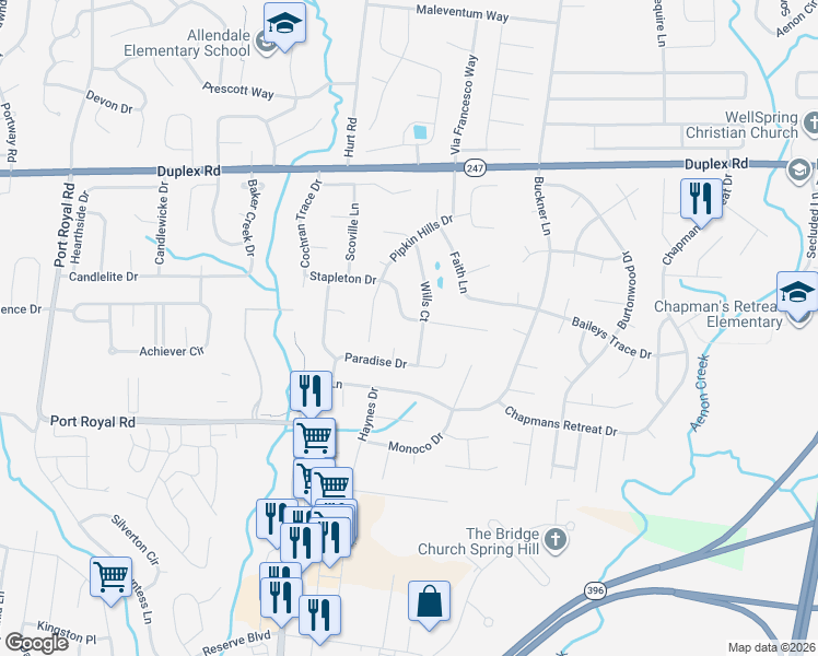 map of restaurants, bars, coffee shops, grocery stores, and more near 2718 Mollys Court in Spring Hill