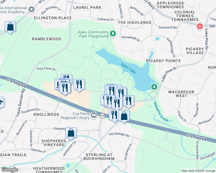map of restaurants, bars, coffee shops, grocery stores, and more near 77 Park Summit Boulevard in Apex