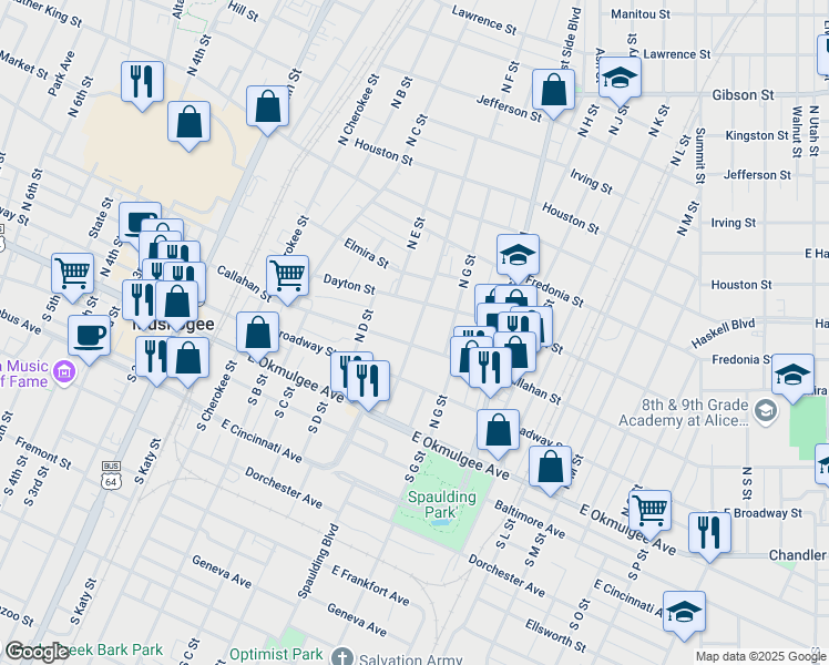 map of restaurants, bars, coffee shops, grocery stores, and more near 506 Callahan Street in Muskogee
