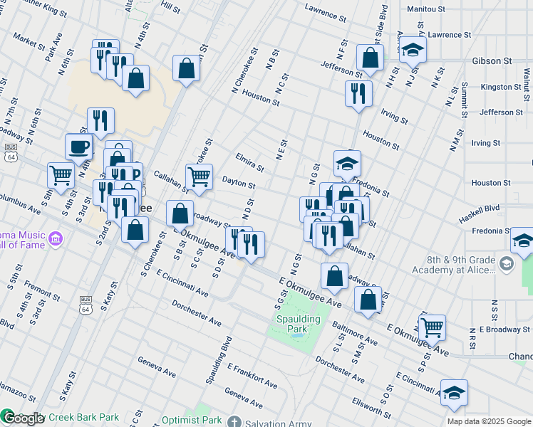 map of restaurants, bars, coffee shops, grocery stores, and more near 506 Callahan Street in Muskogee