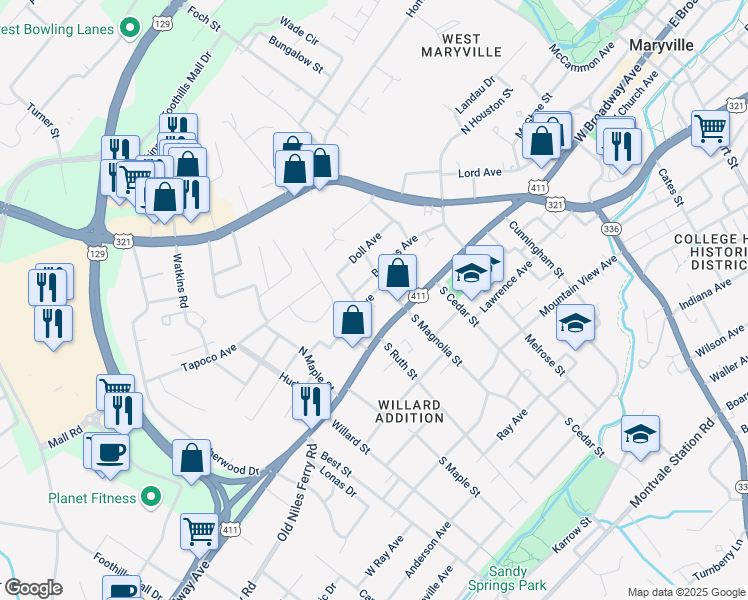 map of restaurants, bars, coffee shops, grocery stores, and more near 1010 Young Avenue in Maryville