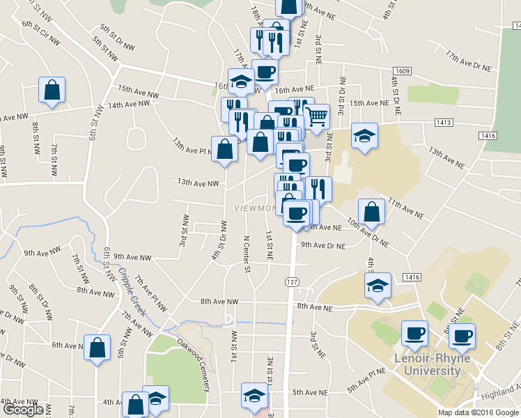 map of restaurants, bars, coffee shops, grocery stores, and more near 1025 1st Street Northeast in Hickory