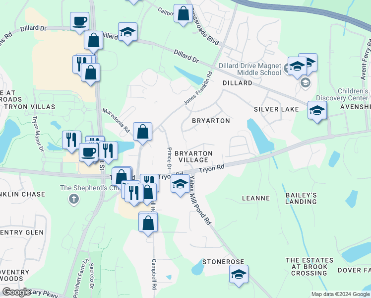 map of restaurants, bars, coffee shops, grocery stores, and more near 5564 Nur Lane in Raleigh