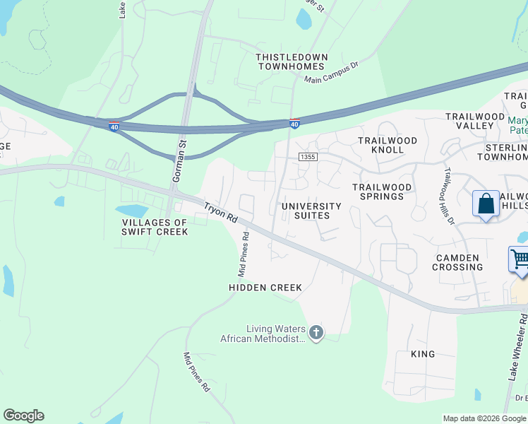 map of restaurants, bars, coffee shops, grocery stores, and more near 2130 Wolf Tech Lane in Raleigh