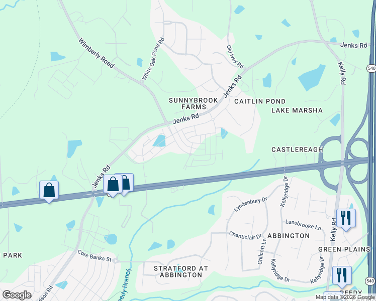 map of restaurants, bars, coffee shops, grocery stores, and more near 1671 Wimberly Road in Apex