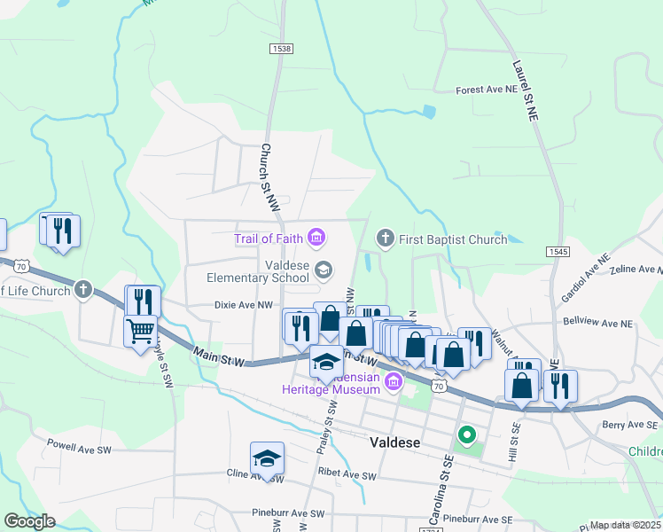 map of restaurants, bars, coffee shops, grocery stores, and more near 298 Praley Street Northwest in Valdese