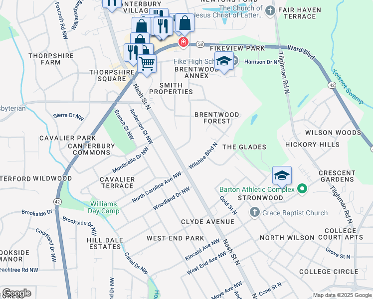 map of restaurants, bars, coffee shops, grocery stores, and more near 102 Brentwood Drive in Wilson