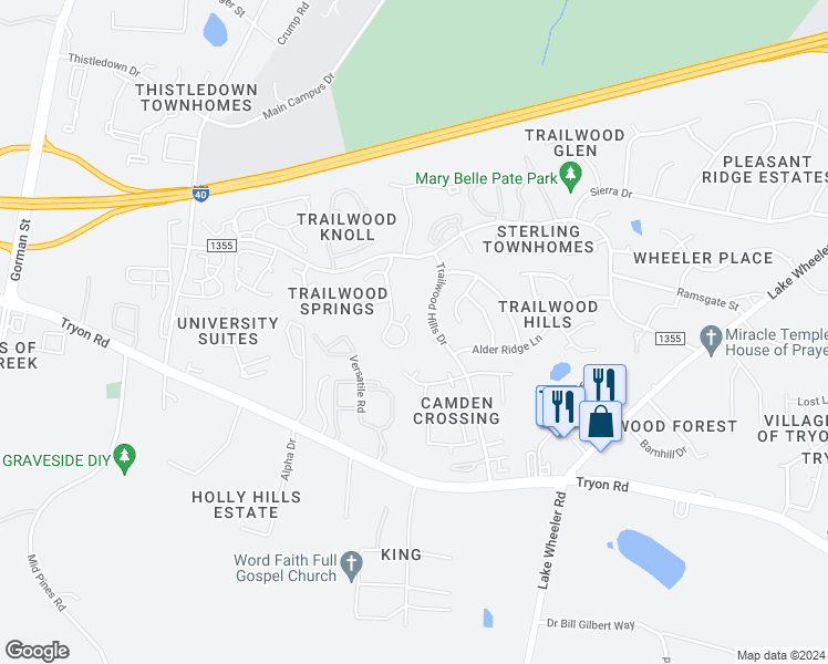 map of restaurants, bars, coffee shops, grocery stores, and more near 2216 Leadenhall Way in Raleigh
