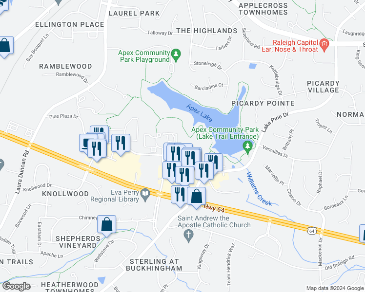 map of restaurants, bars, coffee shops, grocery stores, and more near 1005 Park Summit Boulevard in Apex