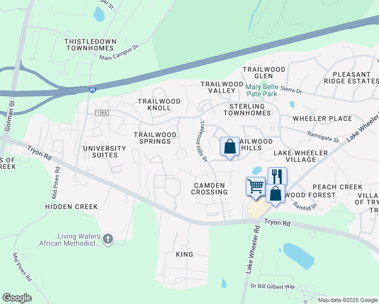 map of restaurants, bars, coffee shops, grocery stores, and more near 2216 Leadenhall Way in Raleigh