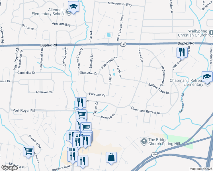 map of restaurants, bars, coffee shops, grocery stores, and more near 2718 Mollys Court in Spring Hill