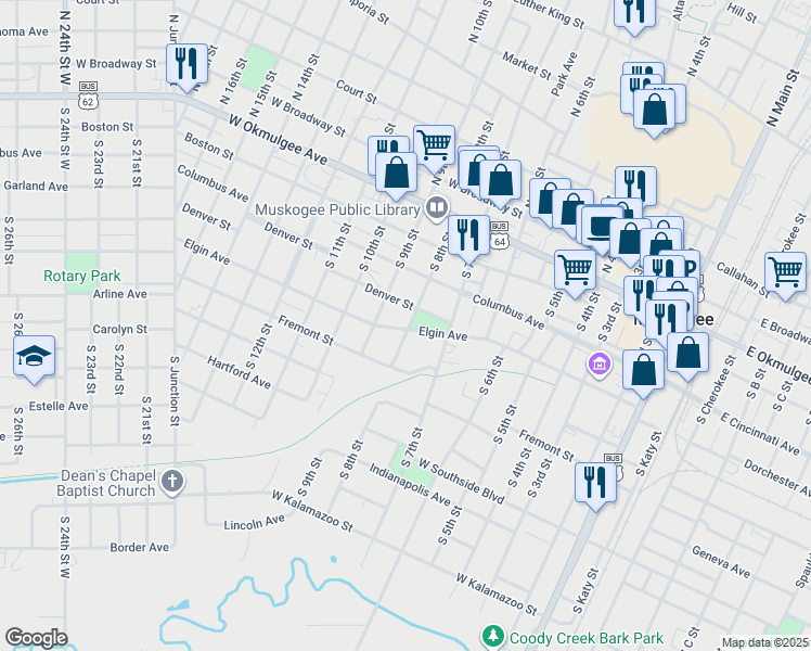 map of restaurants, bars, coffee shops, grocery stores, and more near 407 South 8th Street in Muskogee