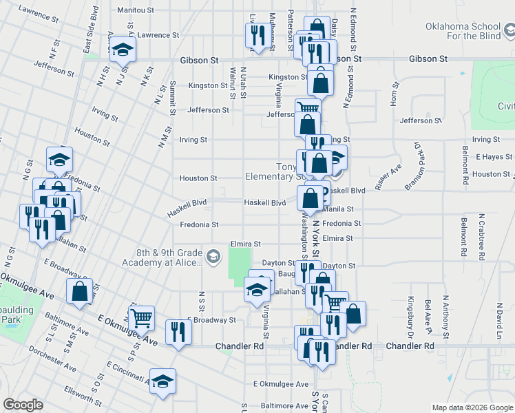 map of restaurants, bars, coffee shops, grocery stores, and more near 612 North Utah Street in Muskogee