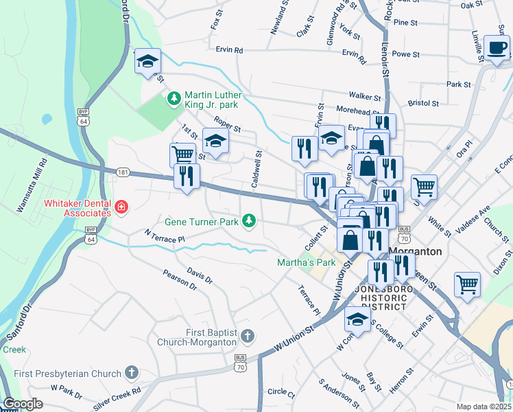 map of restaurants, bars, coffee shops, grocery stores, and more near 215 Howard Street in Morganton