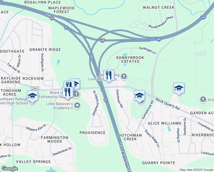 map of restaurants, bars, coffee shops, grocery stores, and more near 3301 Rock Quarry Road in Raleigh