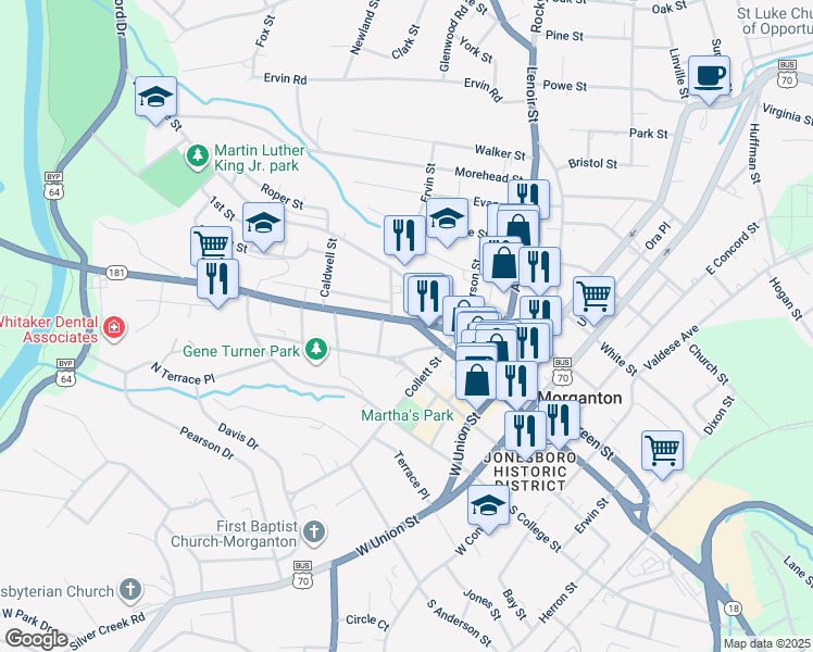 map of restaurants, bars, coffee shops, grocery stores, and more near 401 North Sterling Street in Morganton