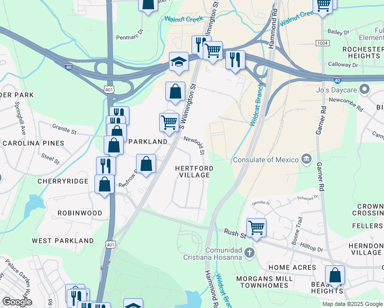map of restaurants, bars, coffee shops, grocery stores, and more near 2530 Newbold Street in Raleigh