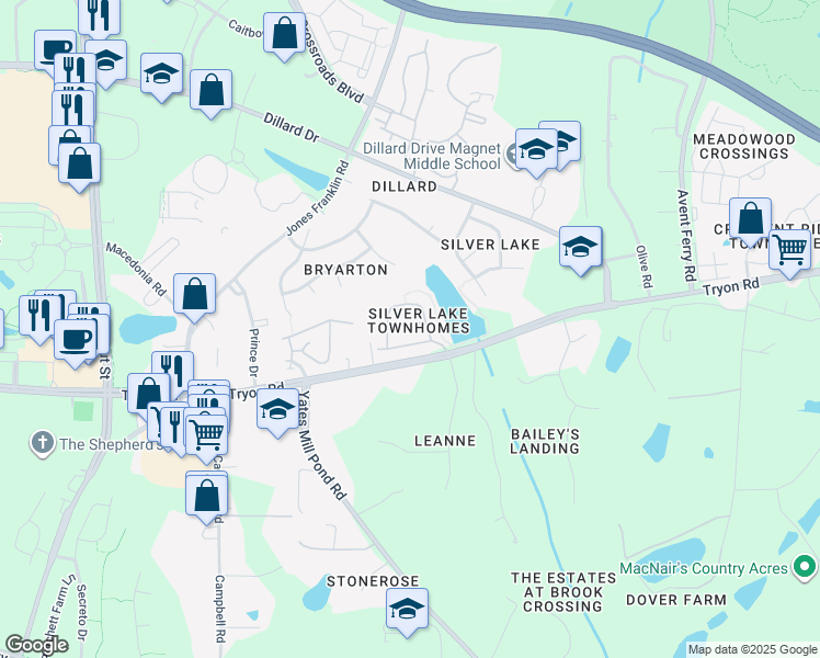 map of restaurants, bars, coffee shops, grocery stores, and more near 2420 Swans Rest Way in Raleigh