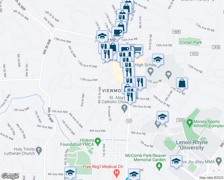map of restaurants, bars, coffee shops, grocery stores, and more near 22 11th Avenue Northeast in Hickory