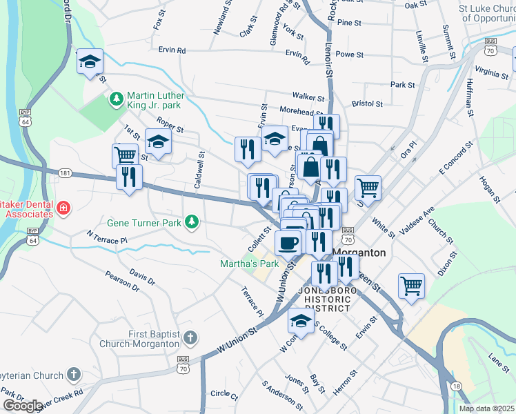 map of restaurants, bars, coffee shops, grocery stores, and more near 401 North Sterling Street in Morganton