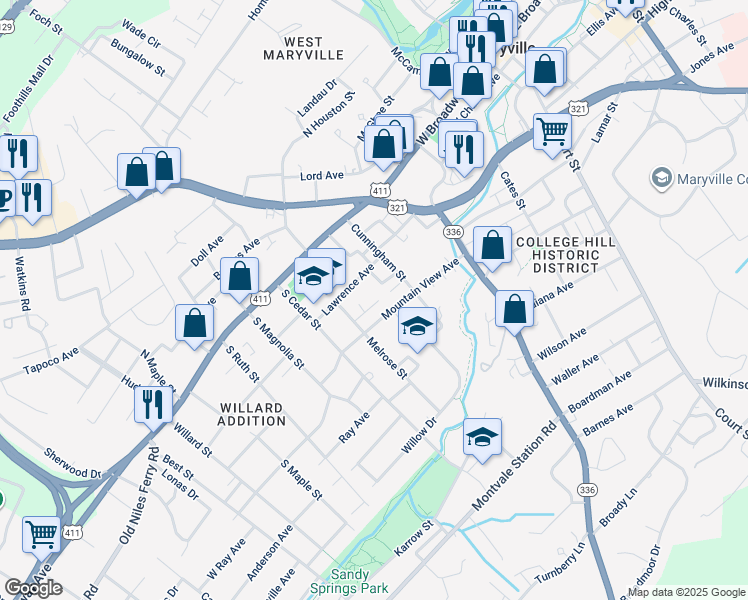 map of restaurants, bars, coffee shops, grocery stores, and more near 714-720 Lawrence Avenue in Maryville