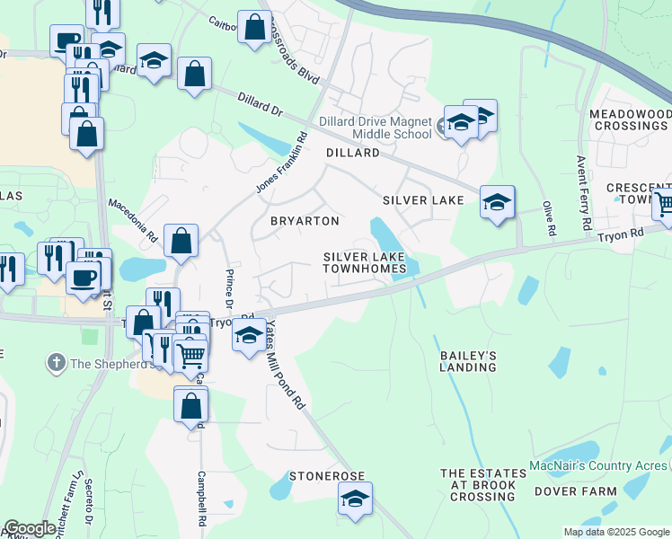 map of restaurants, bars, coffee shops, grocery stores, and more near 5400 Tryon Road in Raleigh