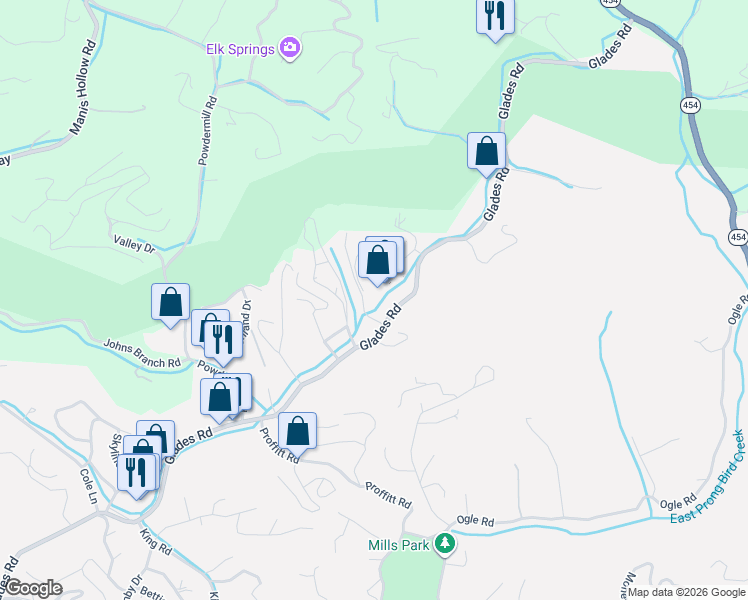 map of restaurants, bars, coffee shops, grocery stores, and more near 849 Glades Road in Gatlinburg
