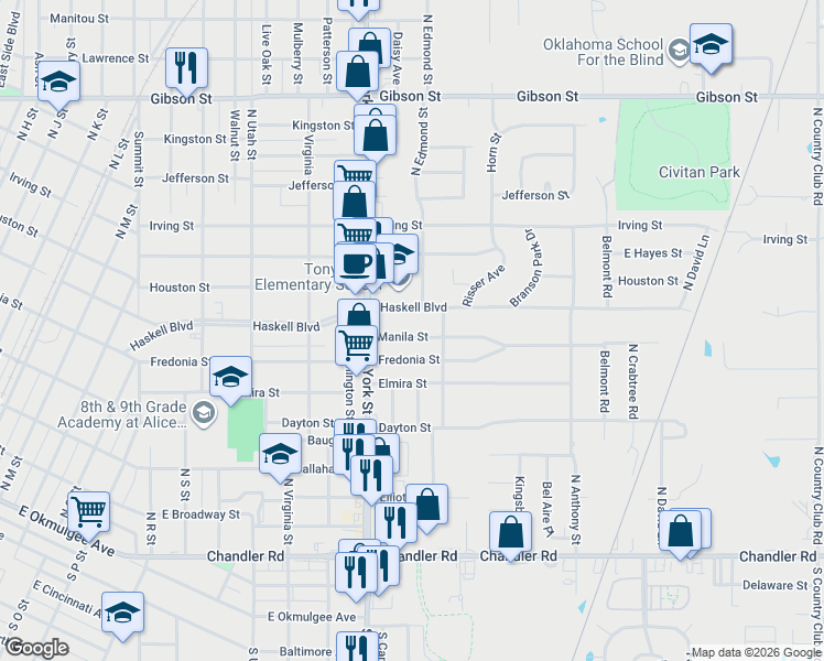 map of restaurants, bars, coffee shops, grocery stores, and more near 2417 Haskell Boulevard in Muskogee