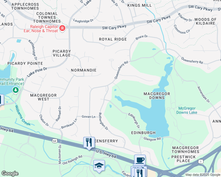 map of restaurants, bars, coffee shops, grocery stores, and more near 101 Rutherglen Drive in Cary