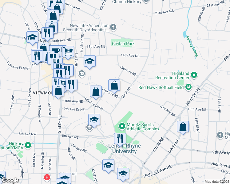 map of restaurants, bars, coffee shops, grocery stores, and more near 445 11th Avenue Northeast in Hickory