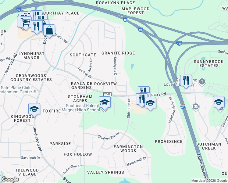 map of restaurants, bars, coffee shops, grocery stores, and more near 741 Southgate Drive in Raleigh