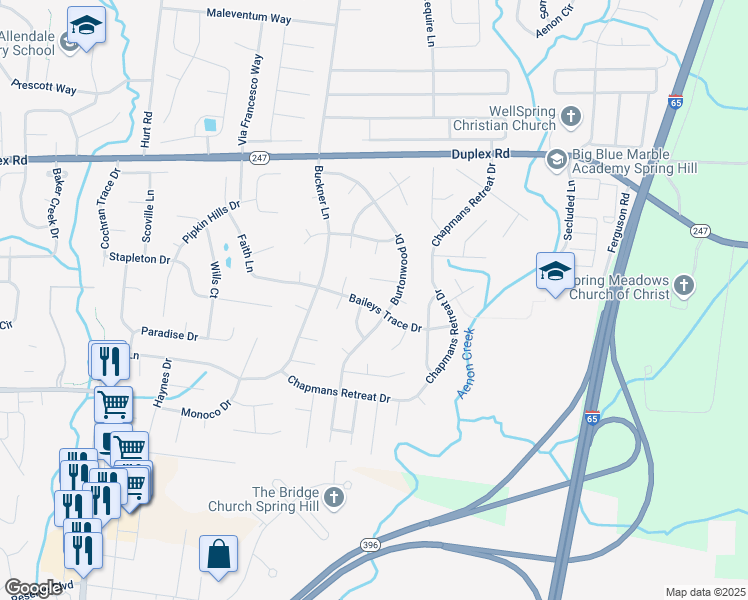 map of restaurants, bars, coffee shops, grocery stores, and more near 1894 Baileys Trace Drive in Spring Hill