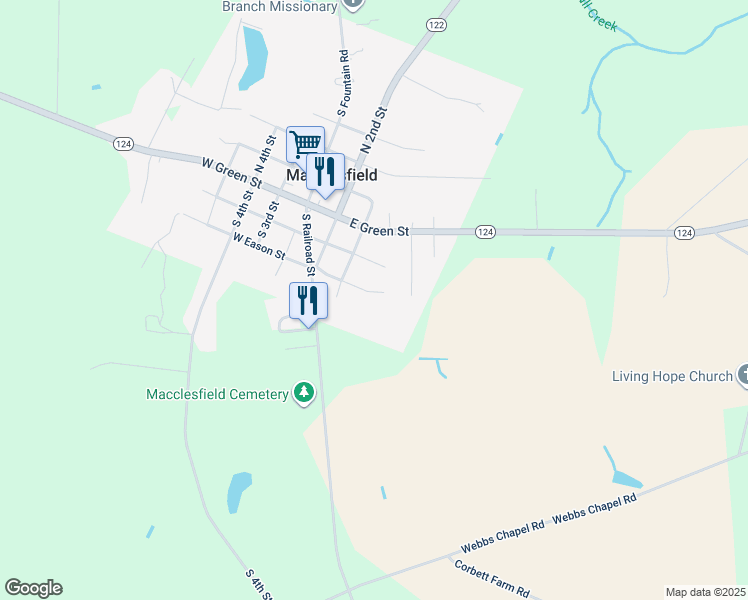 map of restaurants, bars, coffee shops, grocery stores, and more near 410 East Eason Street in Macclesfield
