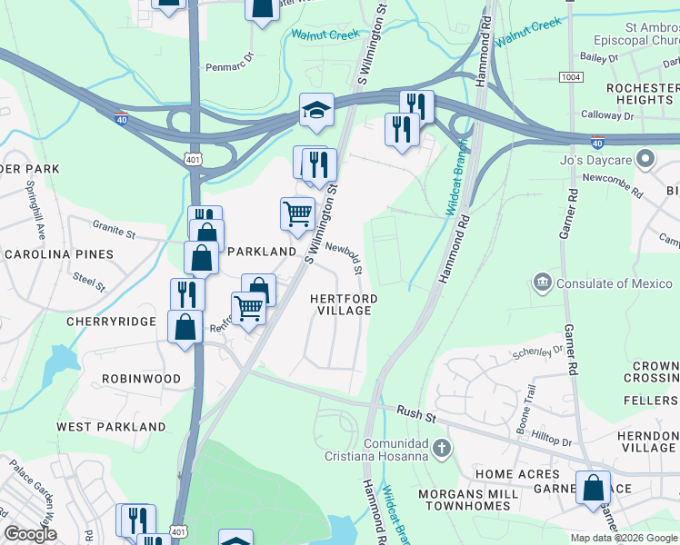 map of restaurants, bars, coffee shops, grocery stores, and more near 2530 Newbold Street in Raleigh