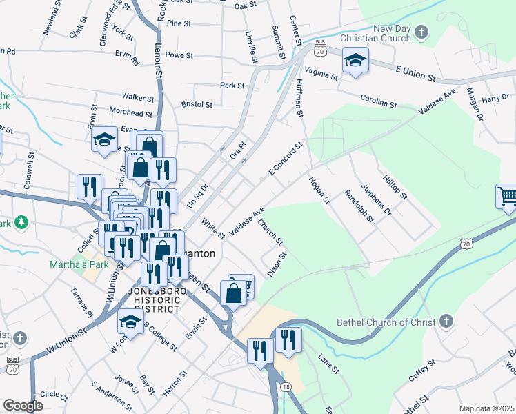 map of restaurants, bars, coffee shops, grocery stores, and more near 203 Valdese Avenue in Morganton