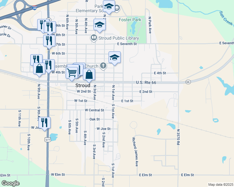 map of restaurants, bars, coffee shops, grocery stores, and more near 110 East 2nd Street in Stroud