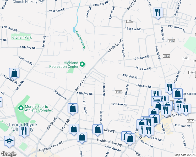 map of restaurants, bars, coffee shops, grocery stores, and more near 1068 14th Avenue Circle Northeast in Hickory