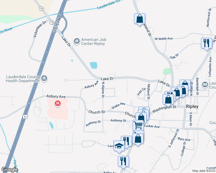 map of restaurants, bars, coffee shops, grocery stores, and more near 146 Westwood Circle in Ripley