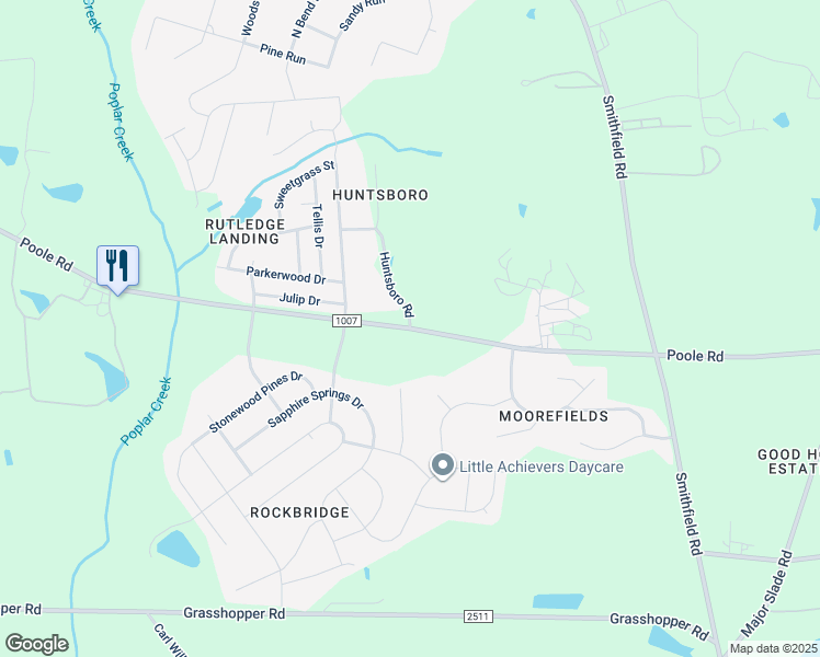 map of restaurants, bars, coffee shops, grocery stores, and more near 1522 Huntsboro Road in Knightdale
