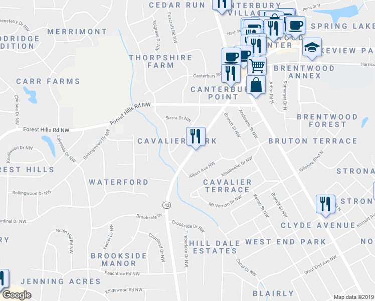 map of restaurants, bars, coffee shops, grocery stores, and more near 2517 Ward Boulevard in Wilson