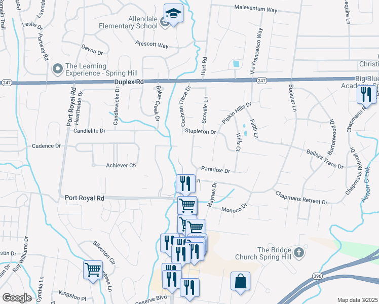 map of restaurants, bars, coffee shops, grocery stores, and more near 2825 Rippavilla Way in Spring Hill