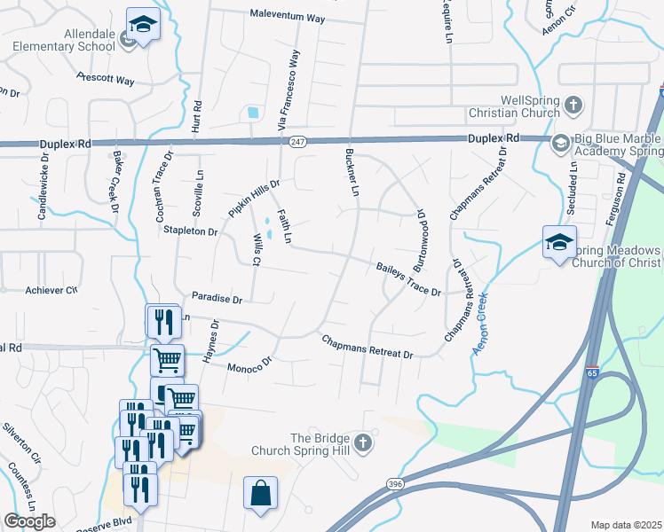 map of restaurants, bars, coffee shops, grocery stores, and more near 2867 Faith Lane in Spring Hill